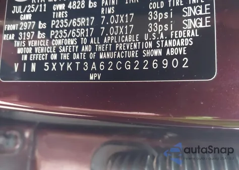 2012 Kia Sorento Lx from USA, damaged, VIN 5XYKT3A62CG226902